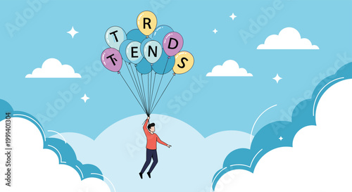 Young man floats high in the sky among white clouds being carried by a bunch of colorful balloons that spell out trends.