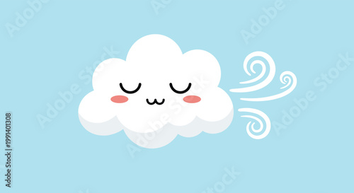 Sweet cloud character with a peaceful face and pink cheeks floats in a blue sky with wind swirls in a cute kawaii style.