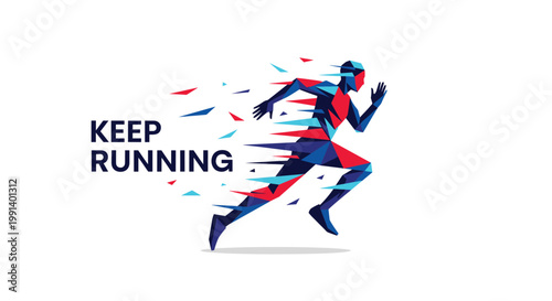 Geometric athlete in a running pose is created from colorful polygons with the motivational text keep running on the side.