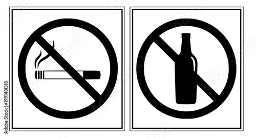 No smoking and no alcohol prohibition signs red circle crossed symbols vector illustration isolated on white background