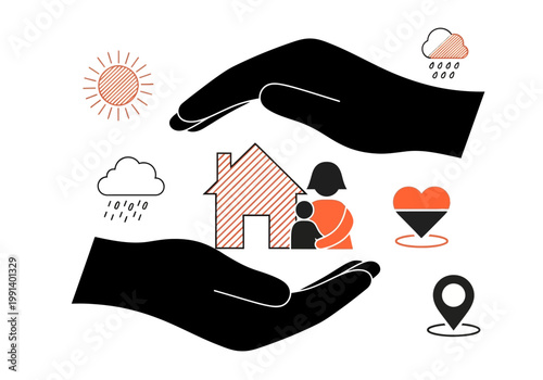 Obraz na plátně Family and Home Insurance Protection Concept with Hands Shielding House and Life