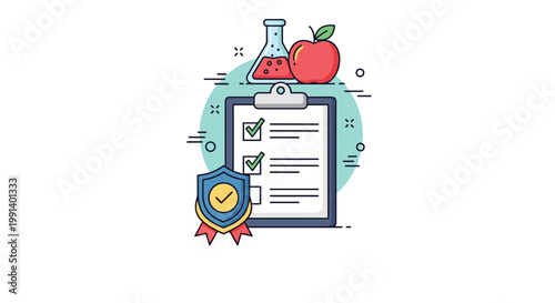Health checkup concept features a medical checklist, a lab flask, and a red apple with a golden safety shield symbol.
