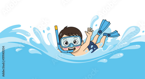 Happy young boy wearing a snorkel mask and blue flippers swims through refreshing blue water waves during summer vacation.