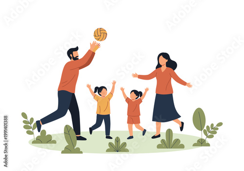 Happy Family Playing Volleyball Outdoors in the Park - Flat Illustration of Parents and Children Having Fun and Staying Active