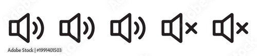 Set of five stylized speaker icons representing sound levels from silent to loud, simple line art.