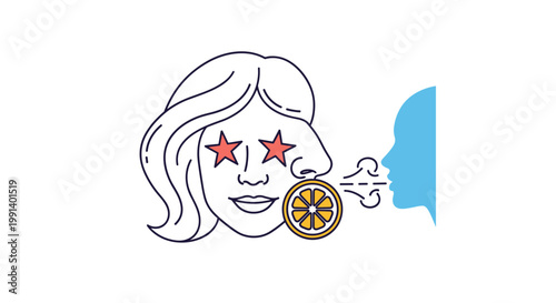 Artistic line drawing of a woman with star eyes smelling a citrus orange slice next to a blue silhouette of a face.