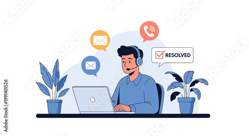 Male customer support agent wearing a headset working on a laptop with resolved checkmark and communication icons.