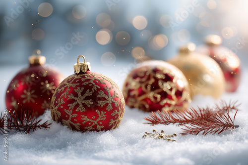 Red and Gold Christmas Ornaments on Snowy Surface