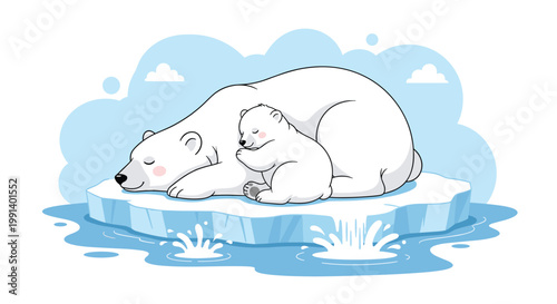 Mother polar bear and her cub sleeping peacefully on a small ice floe in the blue ocean under a cloudy sky.