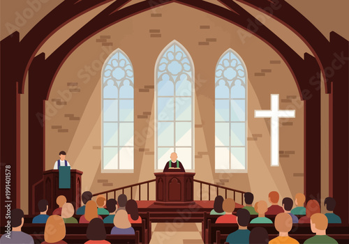 Church Interior Vector Illustration with Priest Preaching to Congregation during Sunday Service