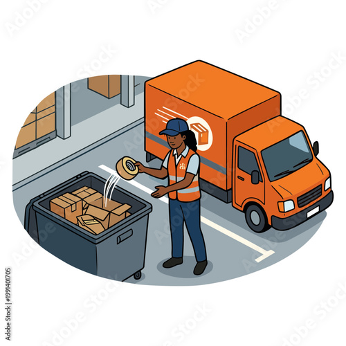 A worker is unloading packages from a truck in a warehouse loading dock area.