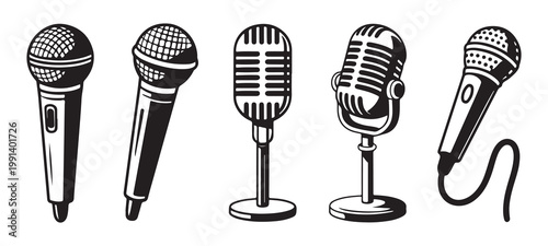 Vintage microphone set for podcasting and studio recording equipment illustration with retro classic audio design.