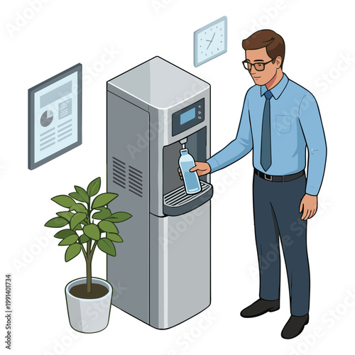 Man filling water bottle at office water cooler with plant nearby