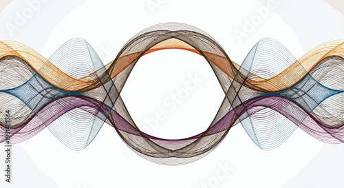 Symmetric abstract pattern of colorful interwoven wavy lines creating a circular frame in the center of the design.
