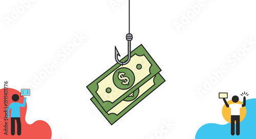 Illustration of money on a fishing hook representing a financial scam or phishing attempt with people in the background.