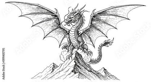 Majestic dragon perched on mountain peak with wings spread wide in a powerful stance