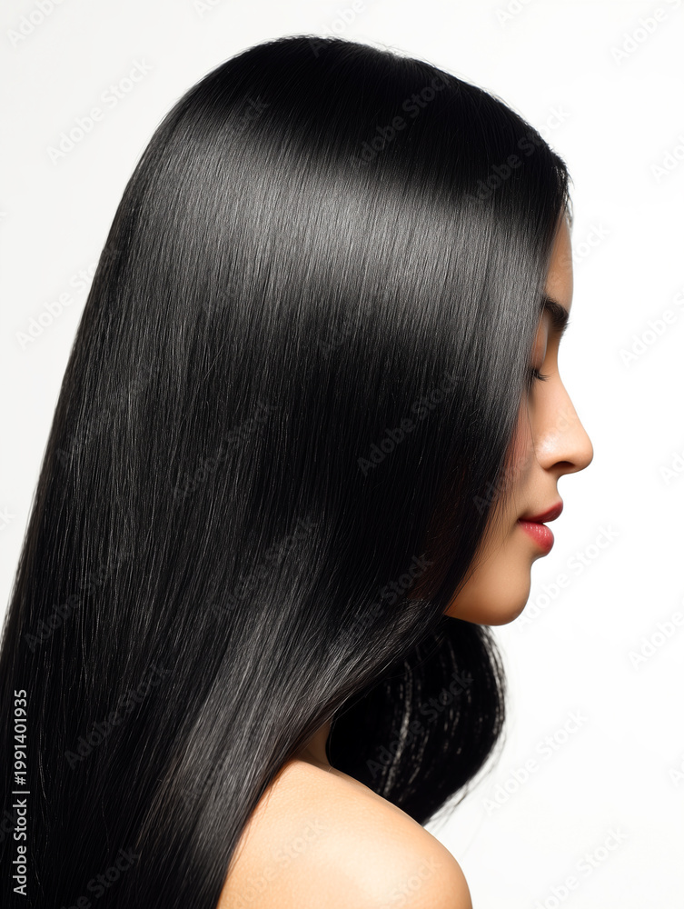 Naklejka premium Side profile of a woman with long, shiny, straight black hair. Beautiful brunette with healthy glowing hair texture isolated on white, perfect for hair care and beauty concepts