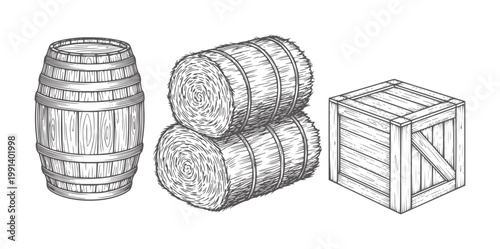 Wooden barrel hay bales and wooden crate in vintage style straw
