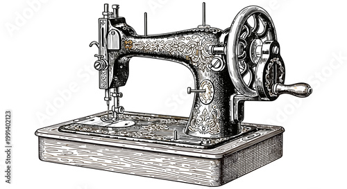 Antique sewing machine with intricate design and mechanical wheel