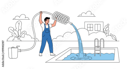 Male worker in blue overalls and cap filling a backyard swimming pool with water using a long hose connected to a pump system.