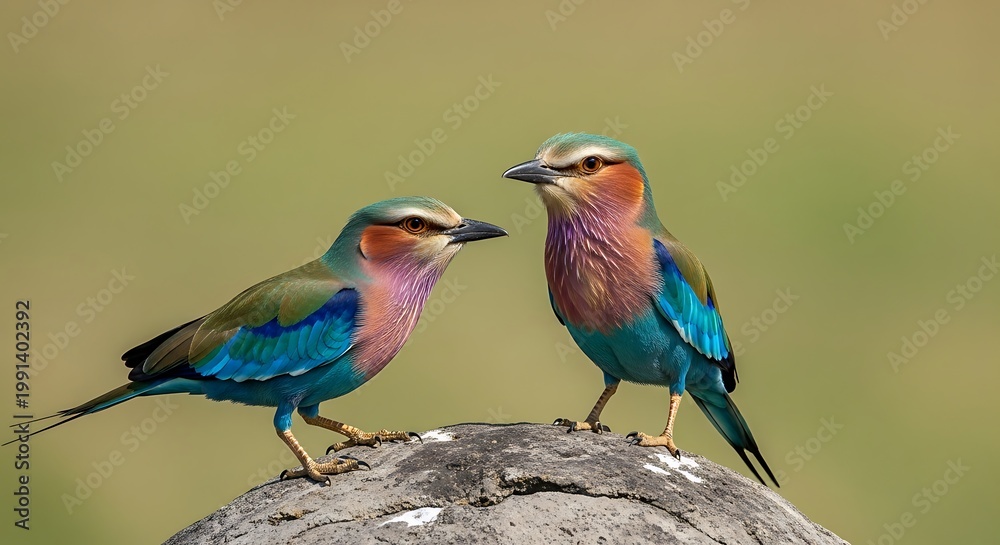 Fototapeta premium Two colorful birds perched on a rock against a blurred natural background