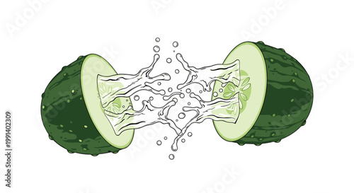 Fresh green cucumber sliced in half with crisp water splashing out from the center representing hydration and health.
