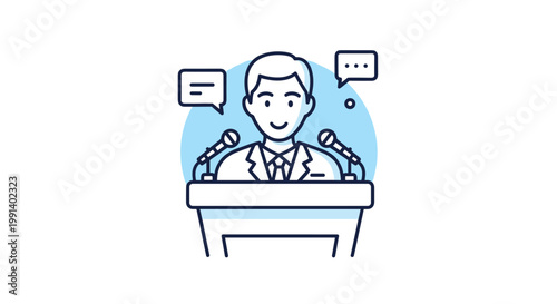 Spokesperson or politician in a suit speaking at a podium with two microphones and speech bubbles representing public address.