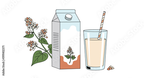 Healthy buckwheat plant based milk in a carton and a glass with a straw surrounded by fresh buckwheat flowers and seeds.