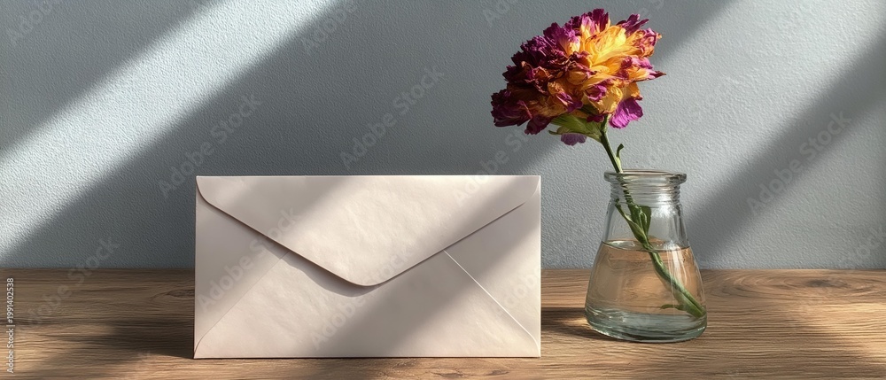 Fototapeta premium Envelope and single dried flower in glass vase on wood table