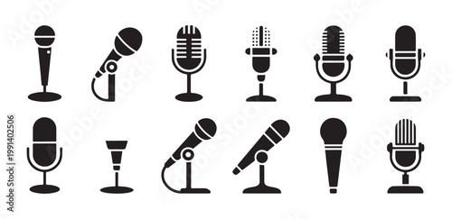 Set of retro microphone icons in solid black style representing podcasting broadcasting and radio communications.