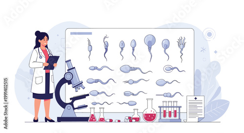 Professional female scientist analyzing different types of human sperm cells on a display board in a fertility laboratory.