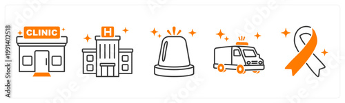 A set of 5 mix icons as clinic, hospital building, emergency siren
