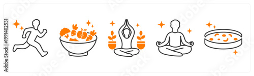 A set of 5 mix icons as running, healthy diet, yoga