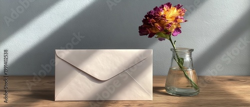 Envelope and single dried flower in glass vase on wood table