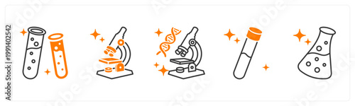 A set of 5 mix icons as test tube, microscope, gene testing
