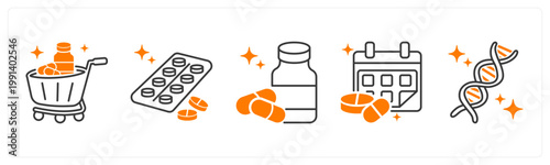 A set of 5 mix icons as medical cart, blister pack, antibiotics
