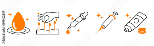 A set of 5 mix icons as blood drop, acupunture, medicine dropper