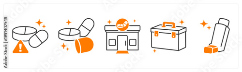 A set of 5 mix icons as expired medicine, pill tablet, pharmacy store