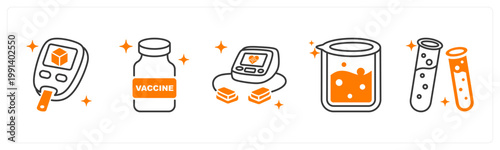 A set of 5 mix icons as diabetes test, vaccine, defibrillator