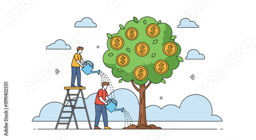 Two gardeners watering a large green tree covered in gold dollar coins representing financial growth and investment success.