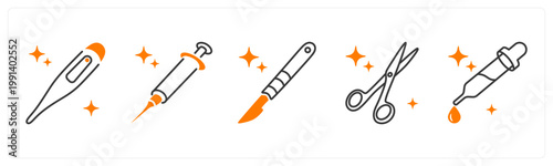 A set of 5 mix icons as thermometer, syringe, scalple,