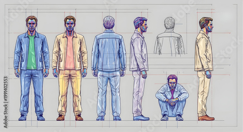 AutoCAD Architectural Human Figure Blueprint Vector – Blazer Outfit Multi View Front Back Side Colored CAD Man on Ash Background