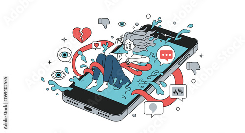 Social media addiction concept showing a sad woman trapped inside a large smartphone screen with crying eyes and hate symbols.