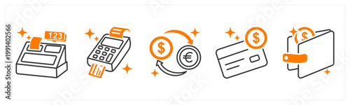 A set of 5 mix icons as cash register, pos machine, currency exchange