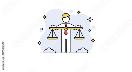 Professional figure holding balanced scales of justice symbolizing equality, law, ethics, and fair judgment in a modern style.