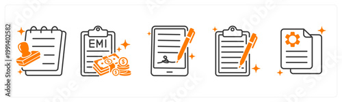 A set of 5 mix icons as loan approval, emi payment, agreement
