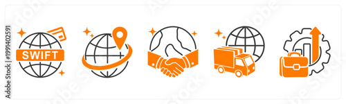A set of 5 mix icons as swift payment, expansion, international trade