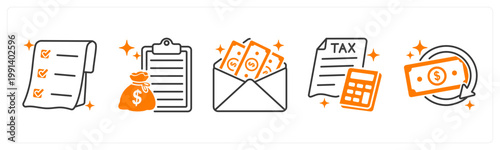A set of 5 mix icons as receipt, loan, salary