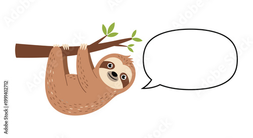 Cute brown sloth hanging from a green leafy tree branch with a blank white speech bubble for customized text or messages.