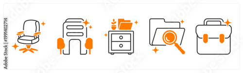 A set of 5 mix icons as office chair, office, filing cabinet